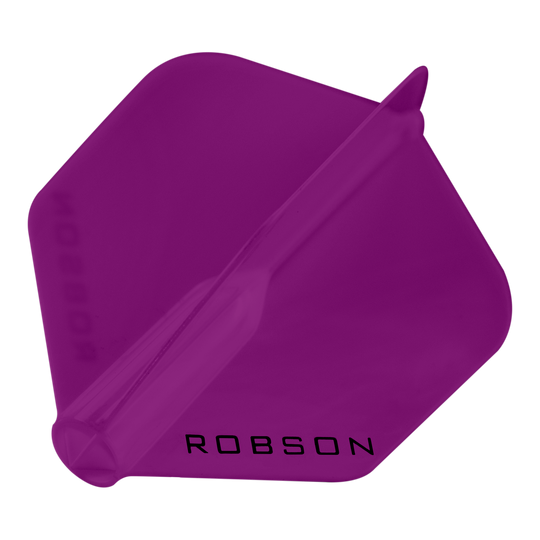 Robson Plus Flights - Standard Das Bild zeigt ein violettes Dartflight mit sechseckiger Form. Auf dem Flight steht das Wort "ROBSON" in schwarzen Buchstaben.