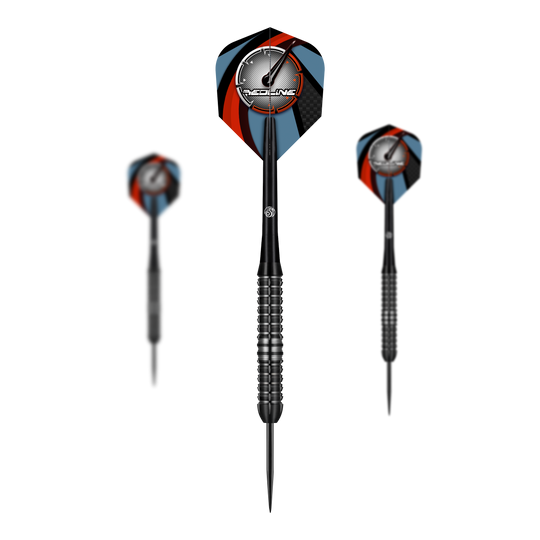 Shot Redline Blazed Steel Darts Das Bild zeigt drei Steeldarts des Produkts "Shot Redline Blazed". Die Flights sind mit einem schwarz-roten und blauen Muster sowie dem Redline-Logo gestaltet.