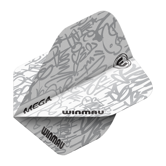 6900-243_Winmau_Mega_White_Standard_Flights_2 Das Bild zeigt die "Winmau Mega White Standard Flights" mit einem weißen Hintergrund und grauen grafischen Mustern. Auf den Flights sind die Wörter "MEGA" und "WINMAU" deutlich zu erkennen.