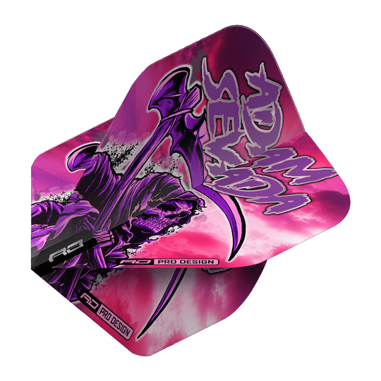 Dieses Bild zeigt die Red Dragon Hardcore Adam Sevada Premium No2 Standard Flights. Die Flights sind in auffälligem Pink und Lila gestaltet und zeigen einen düsteren Sensenmann mit der Aufschrift „Adam Sevada“.