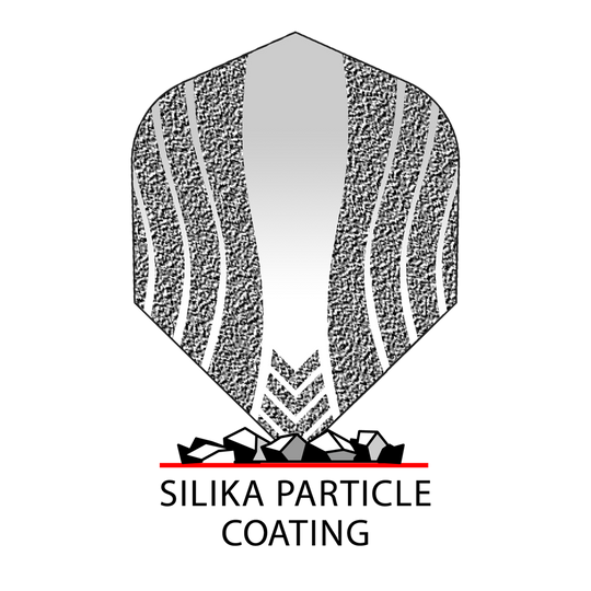 _Harrows_Silika_Lumen_No6_Coating2IZyZwFuCIIxq Das Bild zeigt ein Dartflight mit einem Muster aus geschwungenen Linien und einem Silika-Partikel-Coating. Darunter steht in schwarzer Schrift: "SILIKA PARTICLE COATING".