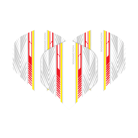 Pentathlon Flights white/red/yellow Das Bild zeigt die Pentathlon White Red Yellow No2 Standard Flights in einem modernen Design. Die Flights sind weiß mit roten, gelben und grauen Streifen verziert.