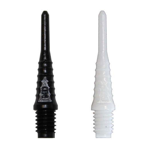 990_McDart_Evo_Grip5992fa9294a61 Das Bild zeigt zwei McDart Evo Grip Spitzen in den Farben Schwarz und Weiß. Diese Spitzen sind Ersatzteile für Softdarts und werden im 500er Pack angeboten.