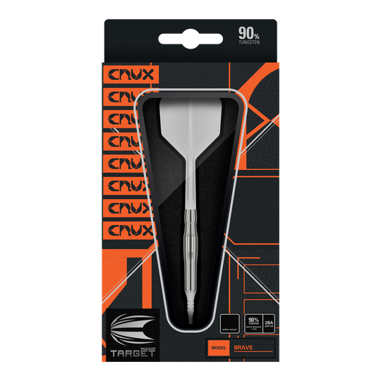 Target Japan Crux Brave Soft Darts - 18.5g Das Bild zeigt die Verpackung des Produkts "Target Japan Crux Brave Softdarts - 18,5g". Der Dartpfeil ist gut sichtbar in einer schwarzen und orangefarbenen Box präsentiert.
