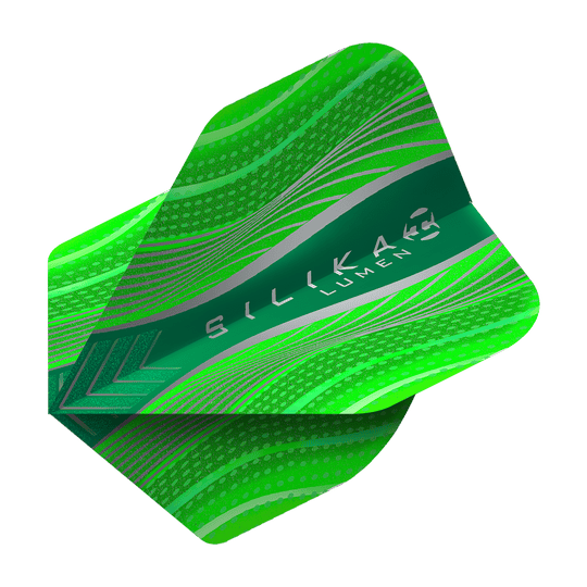 Das Bild zeigt einen Harrows Silika Lumen Green No2 Standard Flight. Das Dartflight ist grün mit modernen, glänzenden Mustern und dem Schriftzug "SILIKA LUMEN".