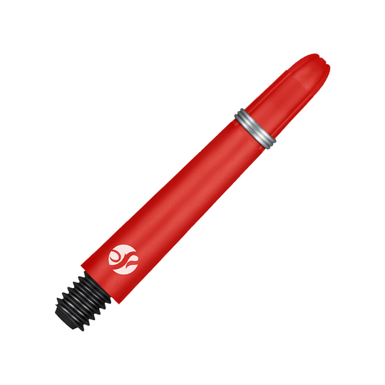 Shot Koi Carbon Shafts - Red Auf dem Bild ist ein roter Carbon-Schaft für Dartpfeile zu sehen. Er hat ein silbernes Ringdetail und ein schwarzes Schraubgewinde am Ende.