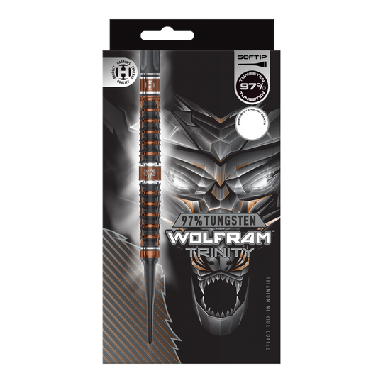 Harrows Wolfram Trinity Softdarts werden auf dem Bild gezeigt. Es handelt sich um spezielle Softdarts für Dartspieler.