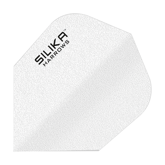 Harrows Silica Solid Tough Crystalline Coating White No6 Flights Das Bild zeigt ein weißes Dart-Flight mit der Aufschrift "SILIKA HARROWS". Es hat eine strukturierte Oberfläche und gehört zur Produktreihe "Silika Solid Tough Crystalline Coating White No6 Flights".
