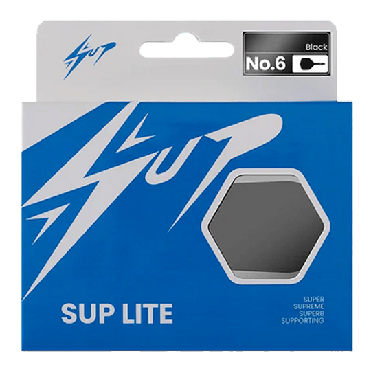 Die Abbildung zeigt die Verpackung des Produkts "Caliburn SUP Lite No6 Flight-Shaft-System". Die Verpackung ist überwiegend blau und weiß und enthält ein Sichtfenster, durch das das Produkt teilweise zu sehen ist.