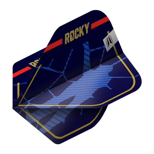Das Bild zeigt drei Sätze der Target Pro Ultra Josh Rock GEN1 No2 Standard Flights. Die Flights sind dunkelblau mit goldener Umrandung und dem Schriftzug "ROCKY" in Gold.