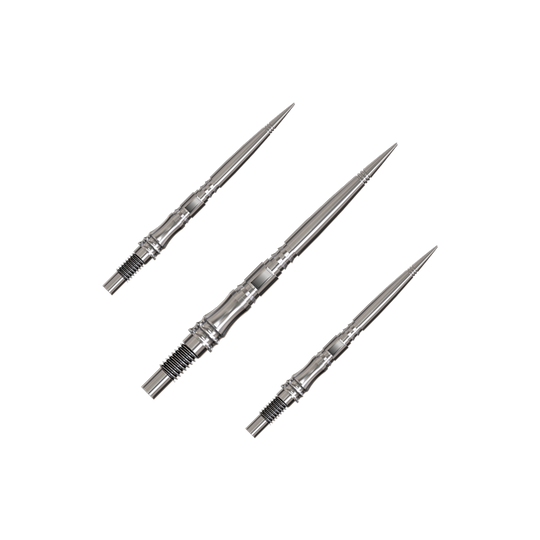 Harrows Quick Point Apex Axis Elite Series Dartspitzen - Silber Apex Axis Silver Elite Serie Dartspitzen in 30mm werden gezeigt. Sie sind silber und schlank.