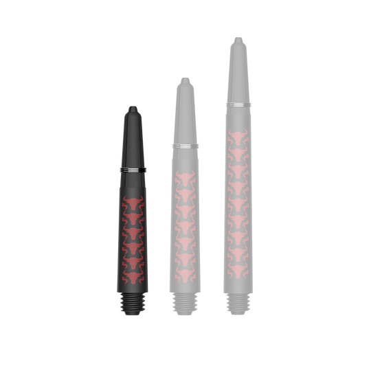 Bulls NL Capo Carbon Shafts - Red Zu sehen ist ein Dartzubehör, speziell eine Capo Carbon Shaft in Rot und kurzer Ausführung mit 34mm Länge. Das Produkt dient vermutlich als Teil eines Dartpfeils.