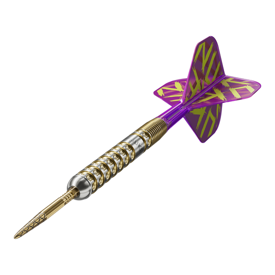 Das Bild zeigt einen Target Luke Littler GEN1 Prodigy Swiss Point Steeldart. Der Dart hat einen gold-silbernen Schaft und lila Flights mit gelbem Muster.