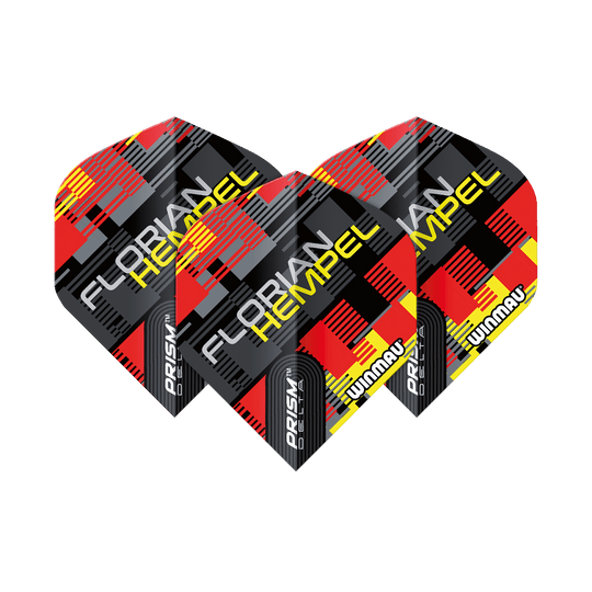 6915-259_Winmau_Prism_Delta_Florian_Hempel_Metallic_Standard_Flights_1GLvDUjQzzz7C2 Das Bild zeigt drei Dart-Flights des Modells "Winmau Prism Delta Florian Hempel Metallic Standard". Die Flights haben ein modernes Design in Schwarz, Rot und Gelb mit dem Namen "Florian Hempel" und dem Winmau-Logo darauf.