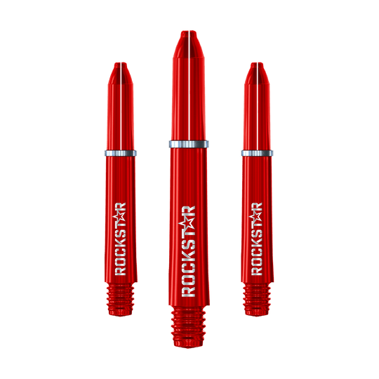Winmau Joe Cullen Rockstar Nylon Shafts Auf dem Bild sind drei rote Nylon-Dartschäfte mit der Aufschrift "ROCKSTAR" zu sehen. Sie haben silberne Ringe und sind nebeneinander angeordnet.