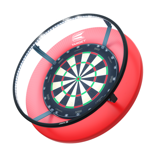 Target CORONA Vision LED Dartboard Lighting System Das Bild zeigt das Produkt „Target CORONA Vision LED Dartboard Lighting System“. Es handelt sich um eine runde LED-Beleuchtung, die um eine Dartscheibe angebracht ist.
