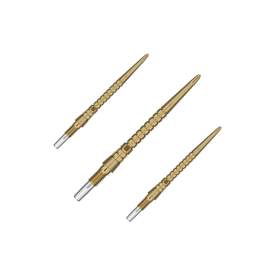 Target Chrono Swiss Storm Point Dart Tips - Gold Das Set enthält mehrere goldene Dartspitzen. Sie sind gleichmäßig aufgefächert.