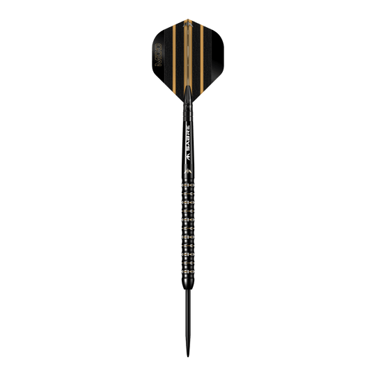Das Bild zeigt einen schwarzen Steeldart mit goldenen Akzenten aus der Serie "Mission Mike De Decker MDD Black Gold". Der Dart hat ein modernes Design mit fein geriffeltem Griff und einer schwarz-goldenen Flight.