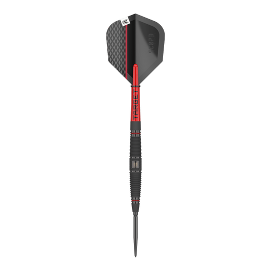 Target Scope 04 Swiss Point steel darts Dies ist der Target Scope 04 Swiss Point Steeldart. Er hat ein modernes Design mit schwarzen und roten Akzenten.