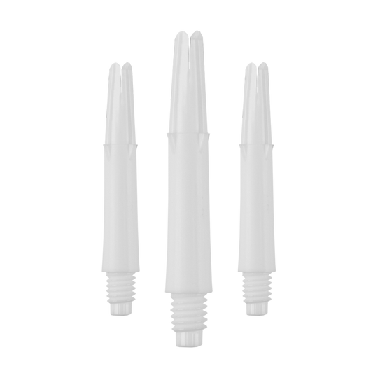 L-L-Style-Shafts Locked Straight - White Auf dem Bild sind drei weiße, gerade Dartschäfte ohne Kappen zu sehen. Sie sind nebeneinander in aufrechter Position angeordnet.