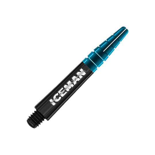 Das Bild zeigt den Red Dragon Nitrotech Gerwyn Price Black Shaft. Der Schaft ist schwarz mit der Aufschrift "ICEMAN" und hat ein blaues, durchsichtiges Ende.