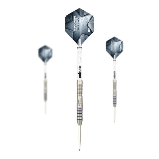 Unicorn Silver Star Var.3 Gary Anderson steel darts Zu sehen ist ein Set der Unicorn Silver Star Var.3 Gary Anderson Steeldarts. Die Darts liegen komplett nebeneinander und sind gut sichtbar.