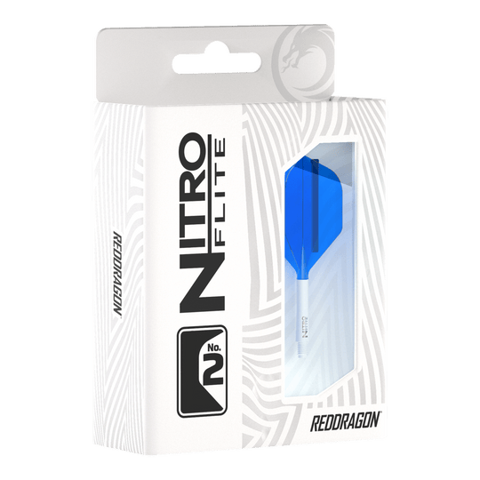 Red Dragon Nitroflite - White Shaft Blue No2 Flights Die Abbildung zeigt eine Packung Red Dragon Nitroflite mit einem weißen Schaft und blauen No2-Flights. Die Verpackung ist überwiegend weiß mit einem Sichtfenster, durch das der blaue Flight zu sehen ist.
