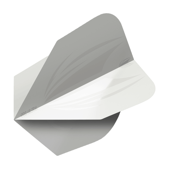 Das Bild zeigt das Produkt "Target ProUltra ID White No6 Flights". Es handelt sich um einen weißen Dartflight mit einem dezenten, grauen Designmuster.