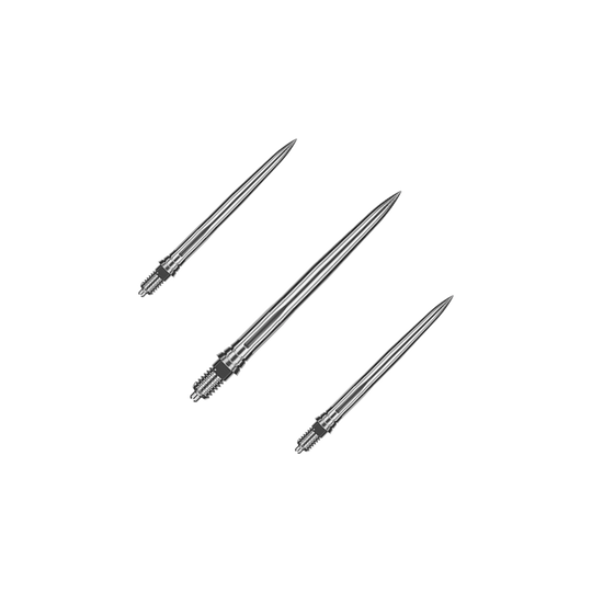 Caliburn EZ-EVO dart tips - Smooth - Silver Das Bild zeigt ein Set aus glatten silbernen Dartspitzen. Die Spitzen sind ordentlich nebeneinander angeordnet.