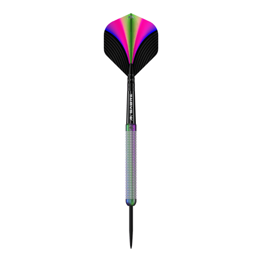 Das Bild zeigt den Mission Aurora Coral PVD Steeldart mit einem Gewicht von 23g. Der Dartpfeil hat bunte, schillernde Farben und ein modernes Design.