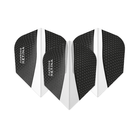 Das Bild zeigt drei schwarze Dartflights der Marke "Harrows Retina Transparent No6". Die Flights haben ein Wabenmuster und einen transparenten Mittelstreifen.