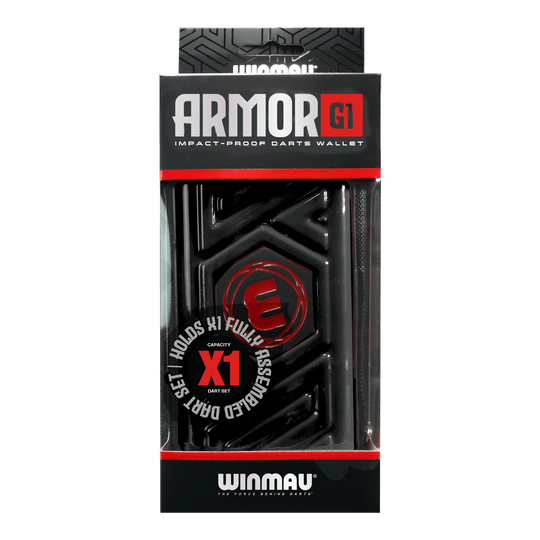 Winmau Armor G1 Dart Wallet Das Bild zeigt eine schwarze Darttasche von Winmau mit dem Namen "Armor G1". Die Verpackung betont, dass sie stoßfest ist und ein vollständig montiertes Dart-Set aufnehmen kann.