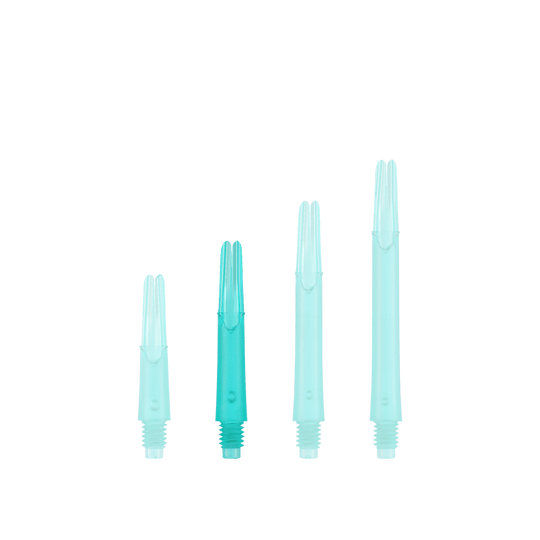 L-L-Style-Shafts Locked Straight - Emerald Das Bild zeigt vier grüne, durchsichtige Dartschafts in unterschiedlichen Längen. Sie sind senkrecht und nebeneinander aufgereiht.