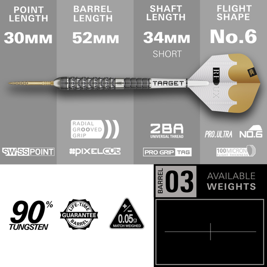 Target Redux 03 Swiss Point steel darts Hier sind die Target Redux 03 Swiss Point Steeldarts dargestellt. Sie zeichnen sich durch ein modernes Design für Dartspieler aus.