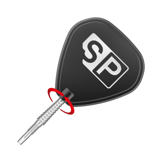 Target Swiss Storm LNC dart tips - silver Das Bild zeigt eine silberne Dartspitze mit einem schwarzen Flight, auf dem die Buchstaben "SP" stehen. Ein roter Pfeil deutet auf eine drehende Bewegung hin.