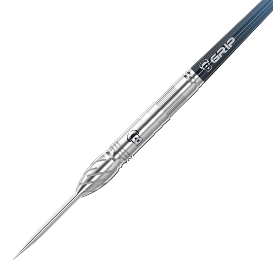 Bulls Stone S1 Steeldarts Das Bild zeigt den "Bulls Stone S1 Steeldart" in Nahaufnahme. Der Dartpfeil besteht aus silbernem Metall mit feinen Rillen für besseren Halt.