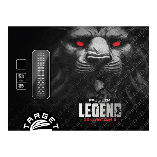 Target Japan Paul Lim The Legend GEN8 Soft Darts - 19g Auf dem Bild ist die Verpackung der "Target Japan Paul Lim The Legend GEN8 Softdarts - 19g" zu sehen. Im Hintergrund ist ein Löwengesicht mit leuchtend roten Augen abgebildet.
