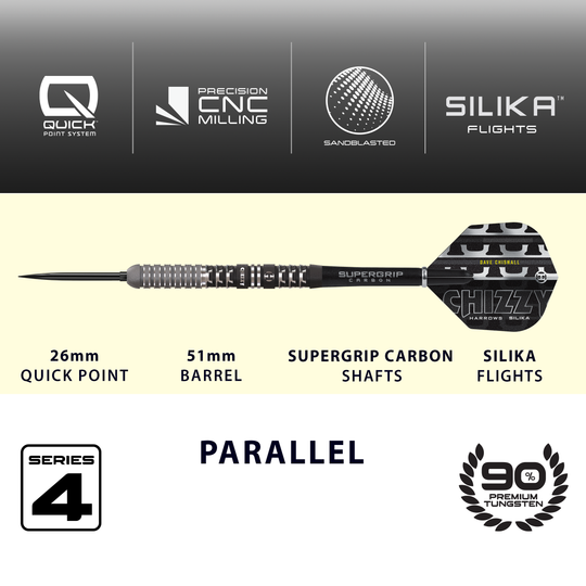 Harrows Dave Chisnall Chizzy Series 4 Quick Point Steeldarts Das Bild zeigt die Harrows Dave Chisnall Chizzy Series 4 Quick Point Steeldarts. Die Darts sind professionell und bekannt für ihre hohe Qualität.