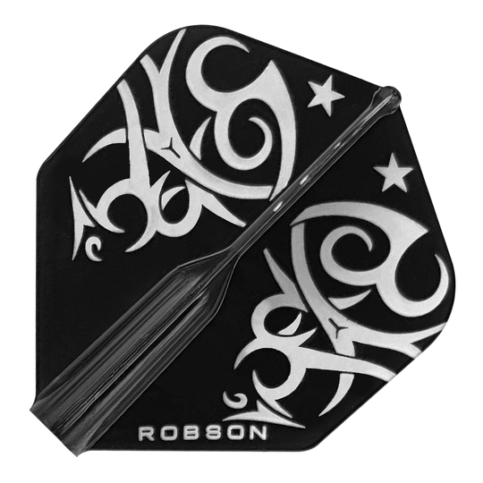 Das Bild zeigt ein Dart-Flight namens "Robson Plus Tribe Standard Flights". Das Flight ist schwarz mit weißen, tribalen Mustern und Sternen verziert.