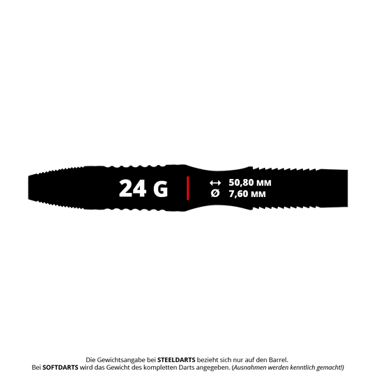 Das Bild zeigt die Produktinformationen zu den Winmau Rashad Sweeting Steeldarts mit einem Gewicht von 24 Gramm. Die Länge des Barrels beträgt 50,80 mm und der Durchmesser 7,60 mm.