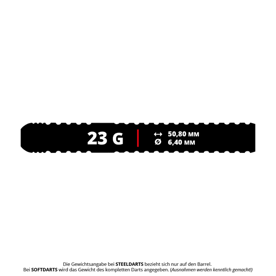 Das Bild zeigt die Produktdaten der Winmau Ryan Branley Steeldarts mit einem Gewicht von 23 Gramm. Der Barrel ist 50,80 mm lang und hat einen Durchmesser von 6,40 mm.