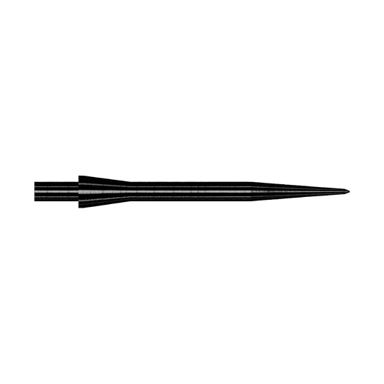 Winmau Velocity Black steel dart tips - 30mm Das Bild zeigt eine schwarze Steeldartspitze des Modells Winmau Velocity mit einer Länge von 30 mm. Die Spitze ist schmal, gerade und aus Metall gefertigt.