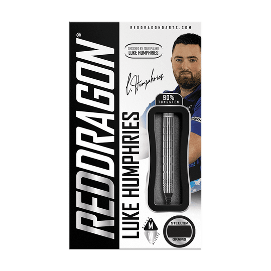 RD2505_Red_Dragon_Luke_Humphries_TX1_Softdarts_3 Auf dem Bild ist die Verpackung der "Red Dragon Luke Humphries TX1 Softdarts - 20g" zu sehen. Die Schachtel zeigt einen Dartpfeil und ein Bild von Luke Humphries, mit dem Hinweis auf 90% Tungsten.