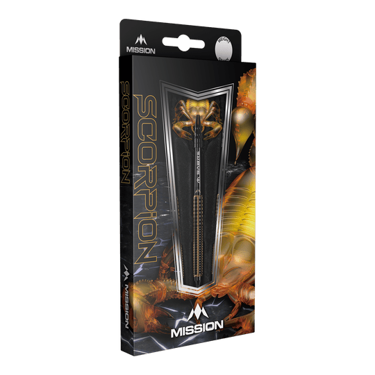 Die Abbildung zeigt die Verpackung der "Mission Scorpion Softdarts - 19g". Das Design ist schwarz-gold mit einem Skorpionmotiv und zeigt einen Dartpfeil in der Mitte.