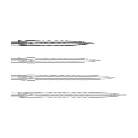 Harrows Quick Point Micro Ridge Dart Tips - Silver Silberne Harrows Quick Point MicroRidge Dartspitzen mit 26 mm Länge werden dargestellt. Die Spitzen liegen einzeln auf einer hellen Oberfläche.