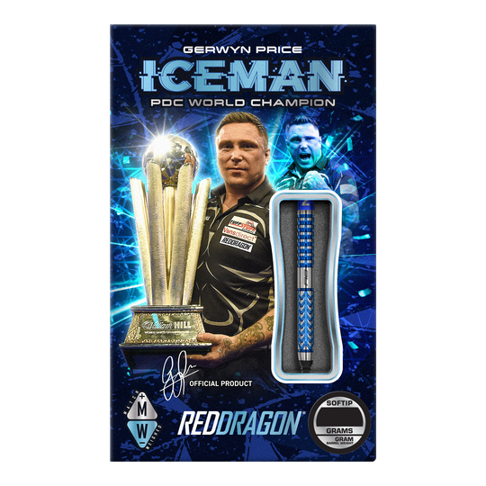 Red Dragon Gerwyn Price Glacier Softdarts - 18g Das Bild zeigt die Verpackung der "Red Dragon Gerwyn Price Glacier Softdarts - 18g". Auf der Verpackung ist ein Dartspieler mit einem Pokal und einem einzelnen Softdart abgebildet.