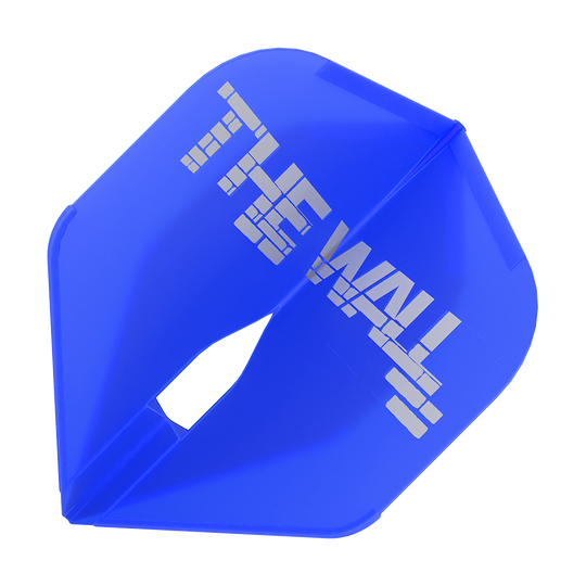 L-Style Martin Schindler Blue L1PRO Flights Das Bild zeigt ein blaues Dartflight mit der Aufschrift "THE WALL". Es handelt sich um das Modell "L-Style Martin Schindler Blau L1PRO Flights".