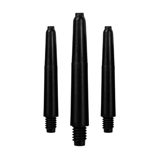 566_Nylon_Shafts_Schwarz_35mm_1 Auf dem Bild sind drei schwarze Nylon-Schäfte zu sehen. Sie sind nebeneinander angeordnet und besitzen ein Schraubgewinde am unteren Ende.