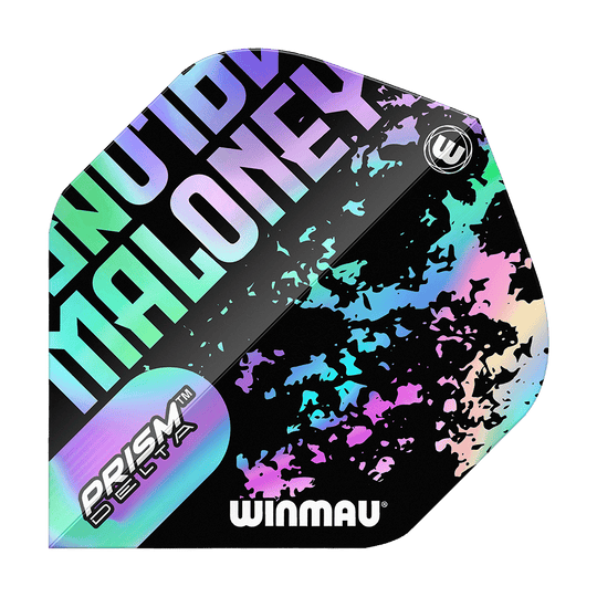 Das Bild zeigt ein Winmau Prism Delta Mike Maloney Standard Flight für Darts. Das Flight hat ein auffälliges, buntes Design mit dem Namen "Maloney" und dem Winmau-Logo.