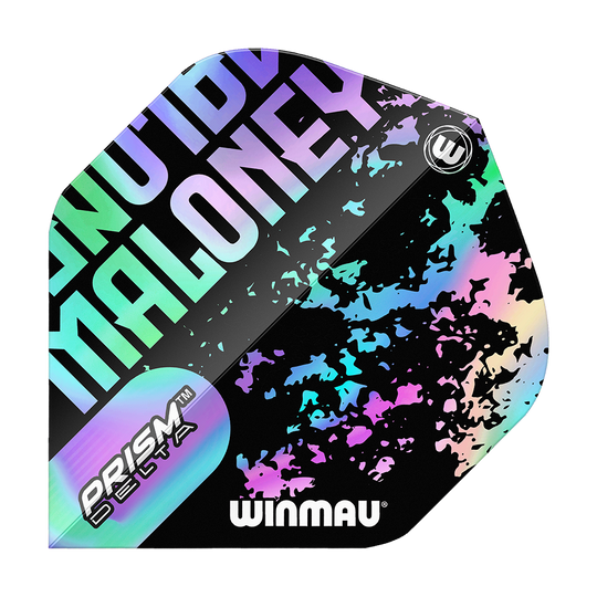 Winmau Prism Delta Mike Maloney Standard Flights Das Bild zeigt ein Winmau Prism Delta Mike Maloney Standard Flight für Darts. Das Flight hat ein auffälliges, buntes Design mit dem Namen "Maloney" und dem Winmau-Logo.